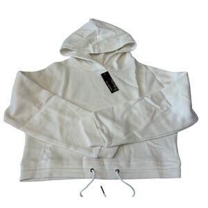 SJL Apparel Women's Cropped Hooded Sweatshirt Size L Ivory Drawstring Waist NWT